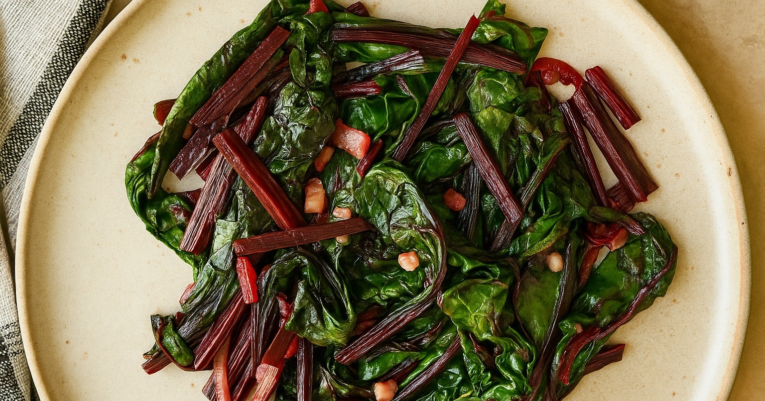 A plate of saut&eacute;ed Swiss chard featuring vibrant green leaves and reddish stems, garnished with small pieces of bacon.