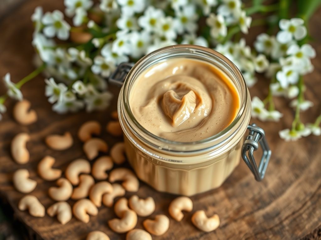 homemade cashew butter recipe A close-up photograph of a glass jar filled with creamy, smooth peanut butter, placed on a wooden surface with scattered peanuts. The jar lid is slightly off, revealing the rich, beige-colored spread.