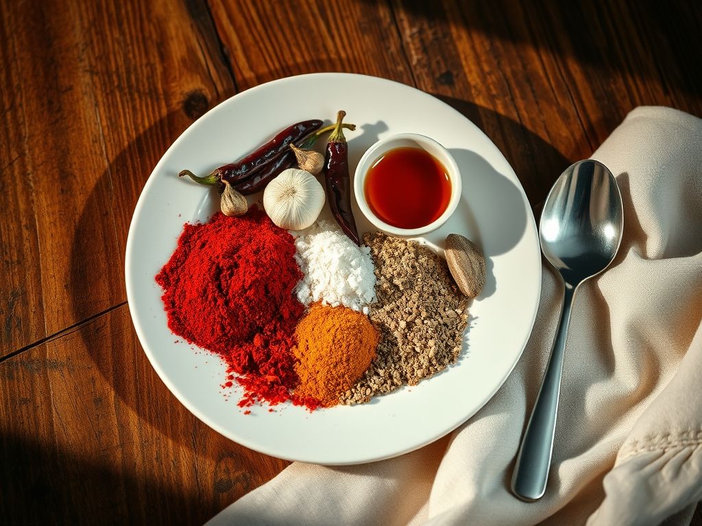 Easy adobo sauce recipe Intimate macro shot capturing a white ceramic plate adorned with a vibrant arrangement of spices: deep red chili powder, aromatic garlic, dried guajillo chiles, a petite bowl brimming with amber apple cider vinegar, coarse salt crystals, and earthy ground cumin. The setting features a weathered wooden tabletop, its rich textures enhanced by warm, inviting lighting that casts soft shadows. A sleek metal spoon rests beside the plate, reflecting the warm hues, while a softly patterned cloth napkin adds a touch of elegance to this culinary display. The overall