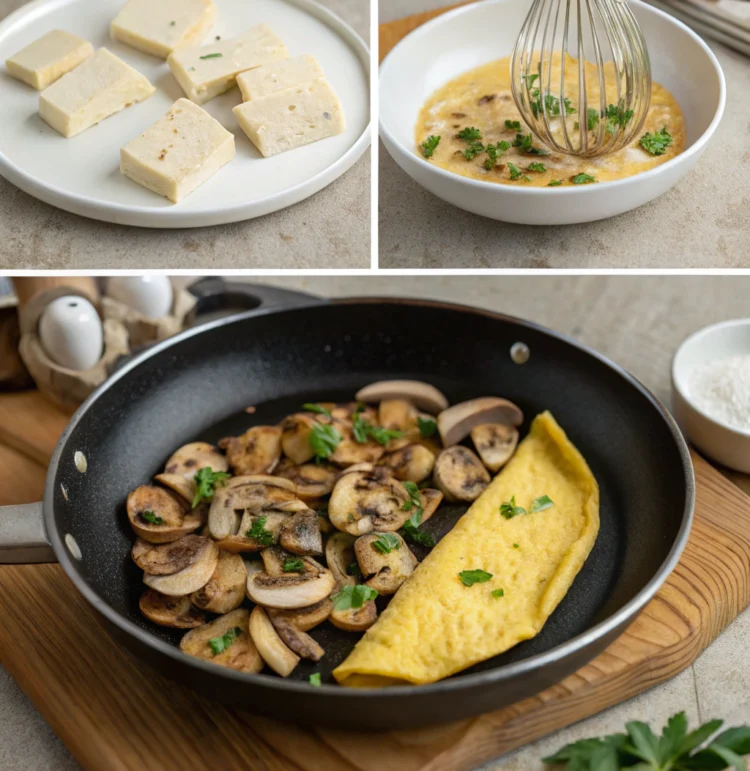 Vegan Tofu Omelette with Mushrooms preparing steps
